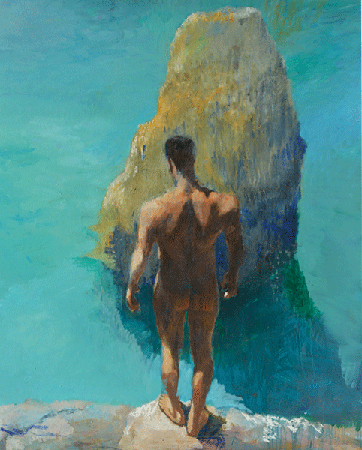 Immobile and undecided male figure   rocks and sea